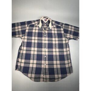 Tommy Hilfiger Linen Blend Short Sleeve Button Down Plaid Shirt Vintage 1990's